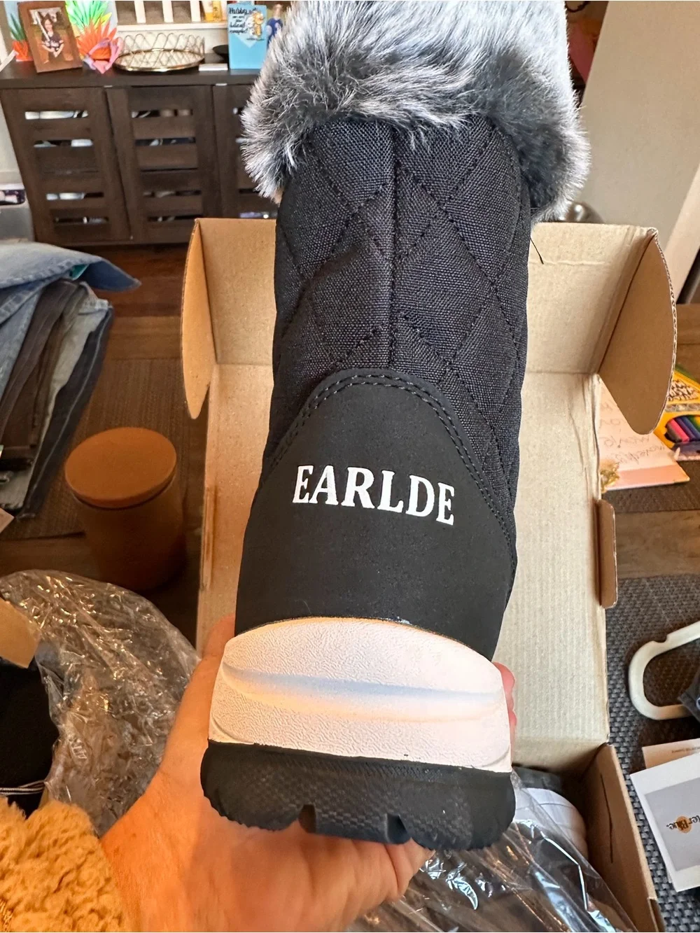Women's Black Winter Boots with Gray Faux Fur Cuff